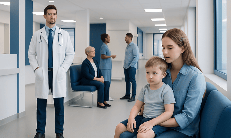 Pediatric patient with mother in hospital waiting area at Acibadem Hospitals Group.