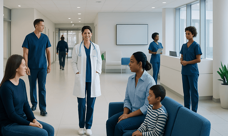 Medical team and patients in a modern hospital corridor.