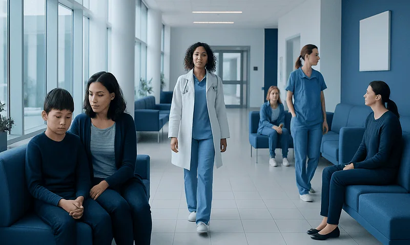 Children and healthcare professionals in a hospital waiting area.