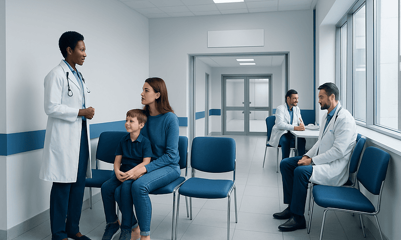 Doctor consulting a mother and child in a hospital waiting area.