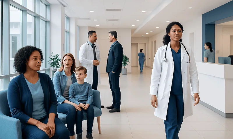 Diverse group of patients and healthcare professionals in a modern hospital lobby.