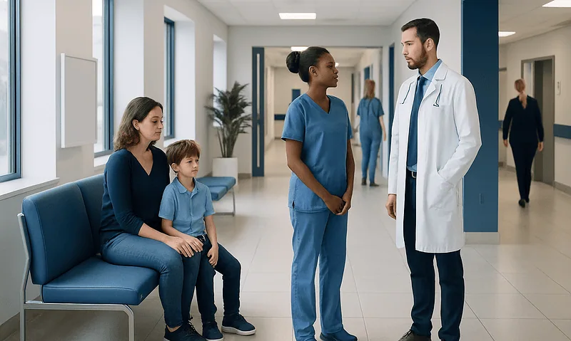 Doctor consulting with a mother and children in a hospital corridor.