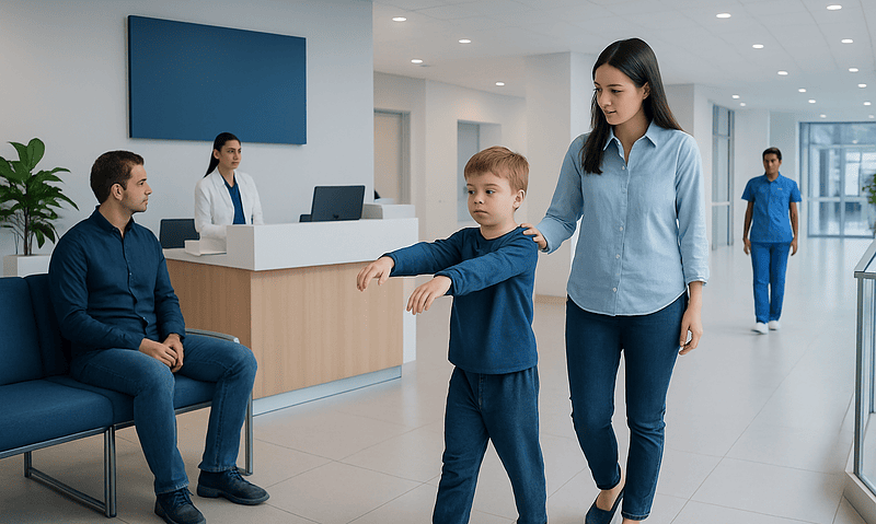 Child walking with mother in hospital corridor with waiting area and staff in background.