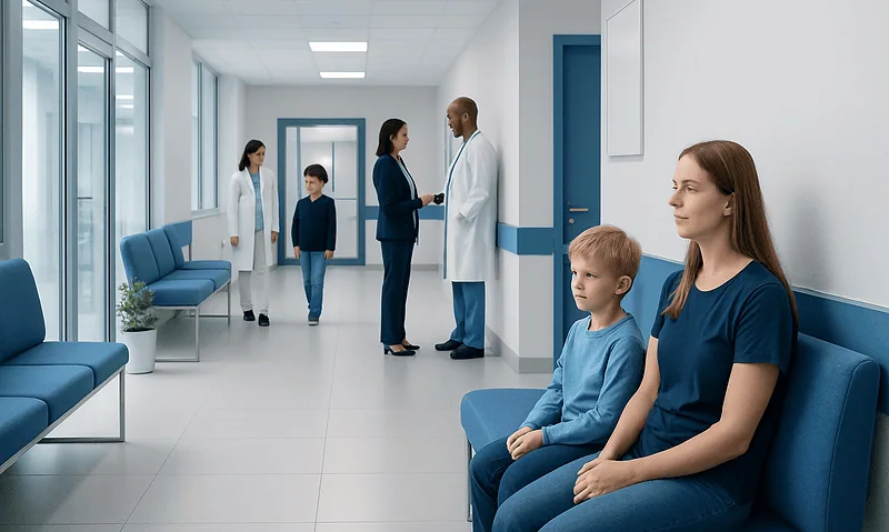 Children and parents waiting in a hospital corridor with medical staff in the background.