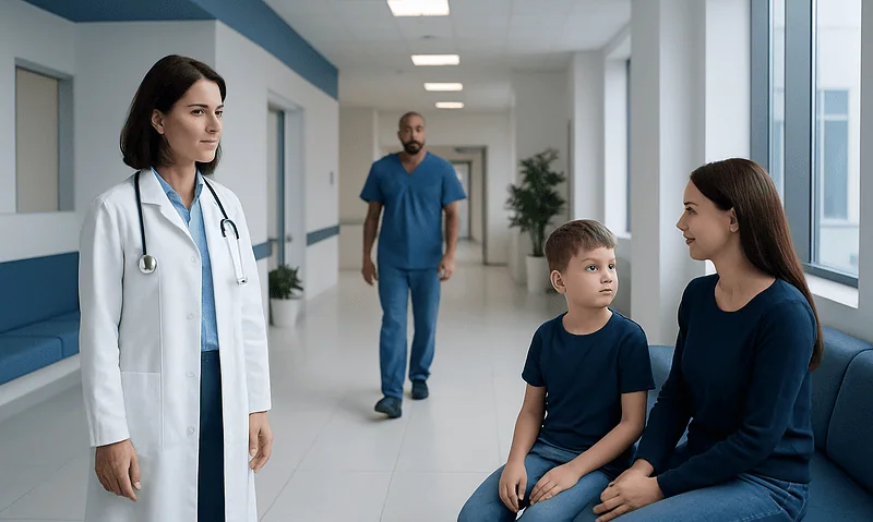 Doctor talking to mother and son in hospital corridor.