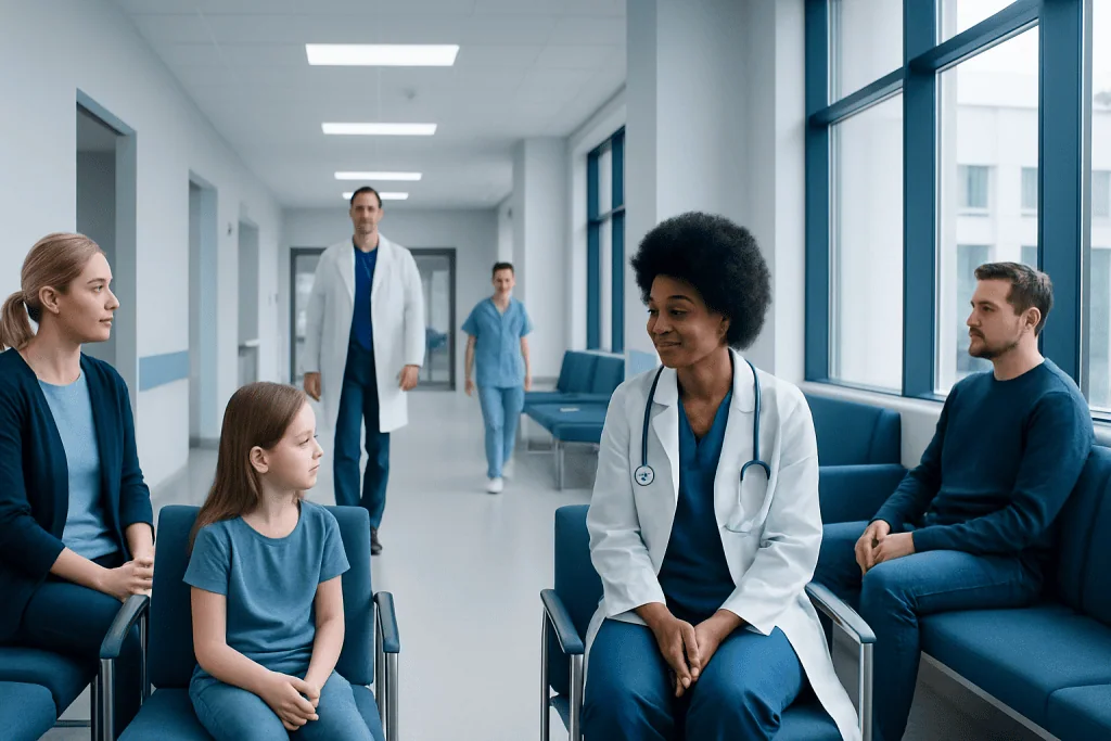 What Is Children’s Health Defense? Understanding the Claims and Facts 1 Doctor talking to children in hospital corridor with medical staff nearby.