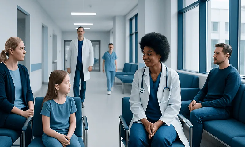 Doctor talking to children in hospital corridor with medical staff nearby.