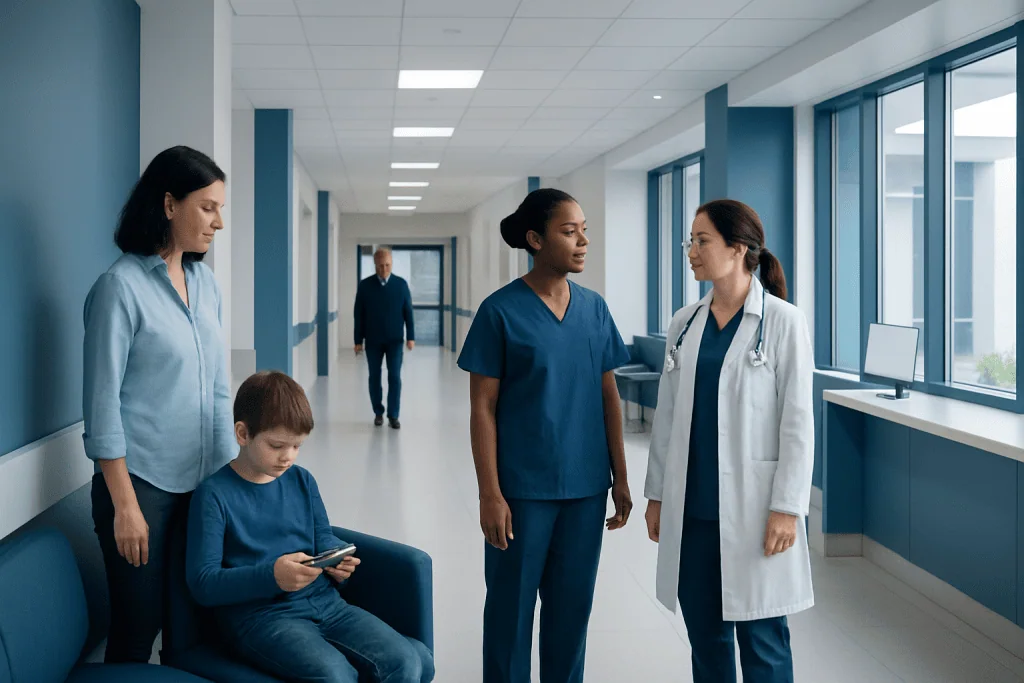 Are Video Games Bad for Children’s Health? Sleep, Mood, and Screen Time Explained 1 Hospital corridor with medical staff and a young patient using a tablet.