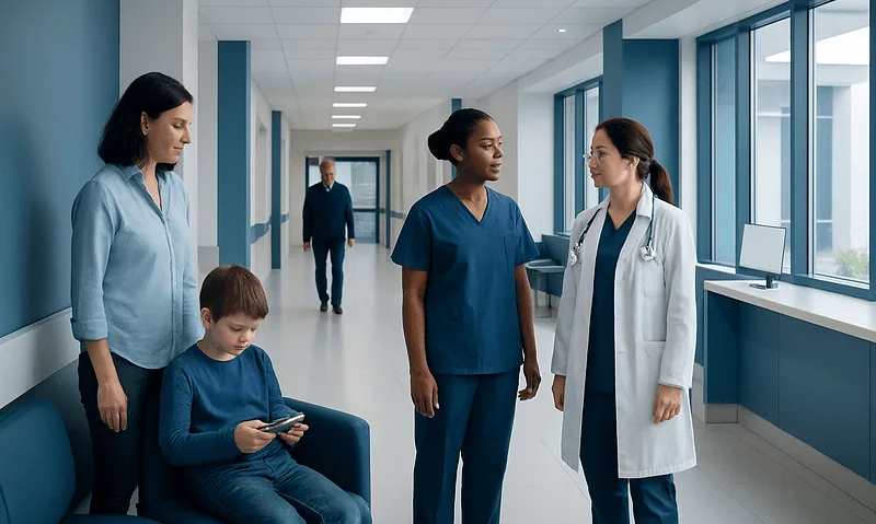 Hospital corridor with medical staff and a young patient using a tablet.