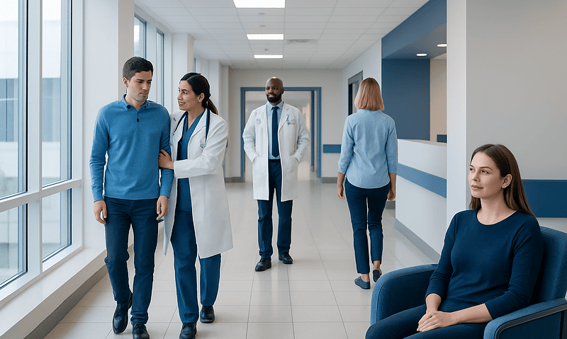 Medical team consulting patient in hospital corridor at Acibadem Hospitals.