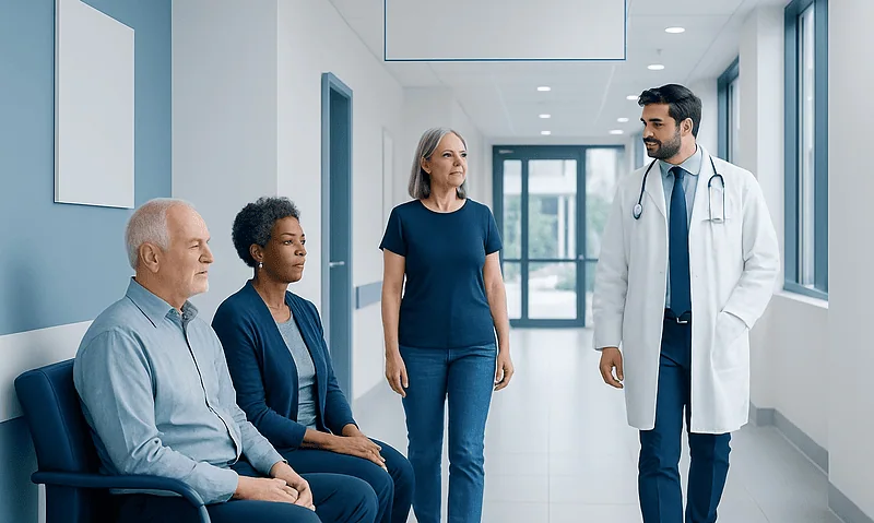 Doctor consulting with elderly patients in hospital corridor.