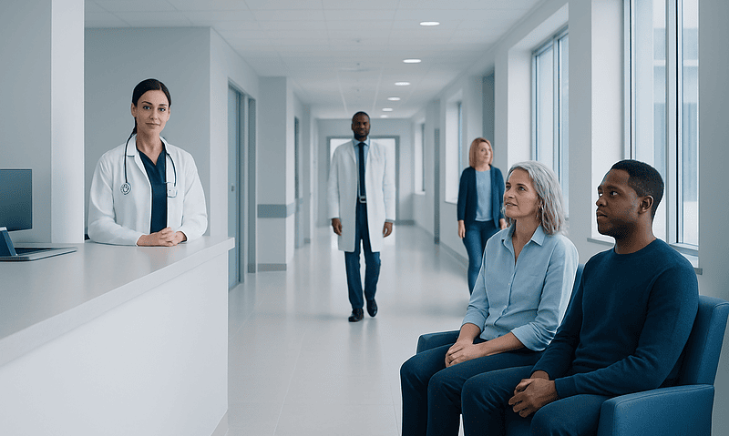 Medical consultation in hospital corridor with doctor and patients.