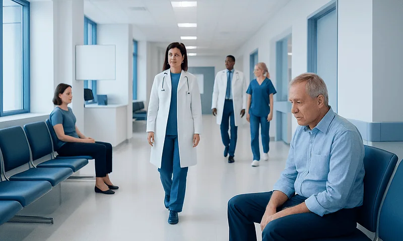 Medical team consulting in hospital corridor with patient waiting area.