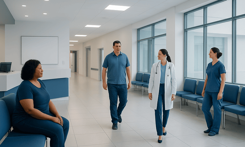 Medical team consulting in hospital corridor with patient.