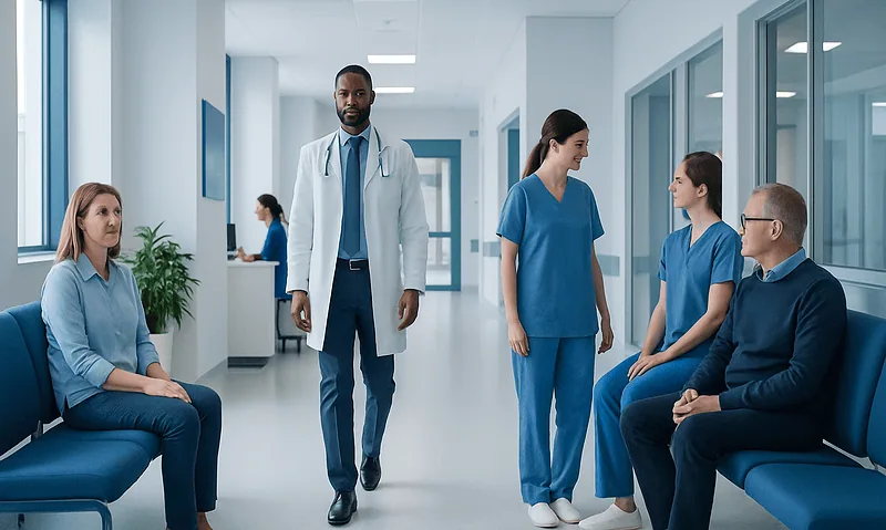 Medical team discussing patient care in hospital corridor.