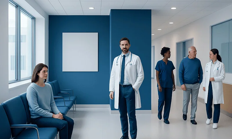 Medical consultation in a hospital waiting area with healthcare professionals and patient.
