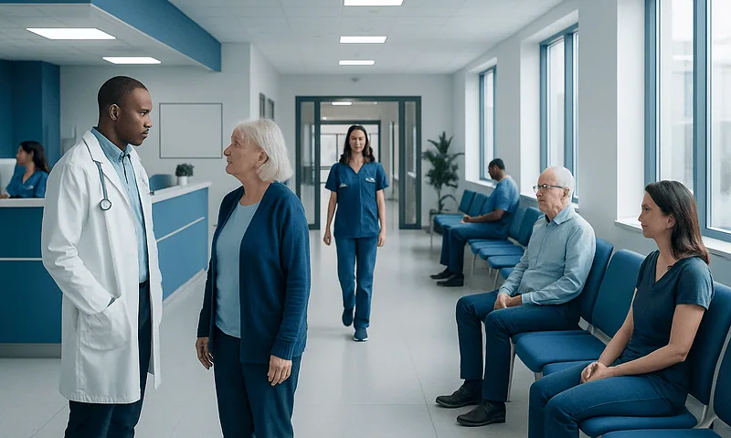Doctor consulting an elderly patient in a hospital corridor.