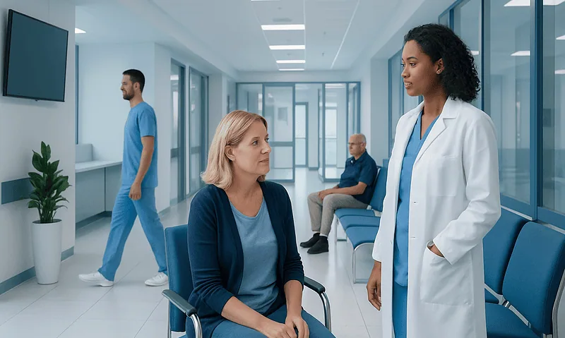 Doctor consulting a patient in a modern hospital corridor.