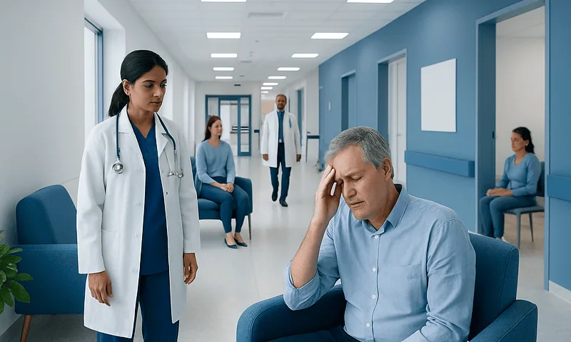 Patient experiencing vertigo in a hospital corridor with medical staff nearby.