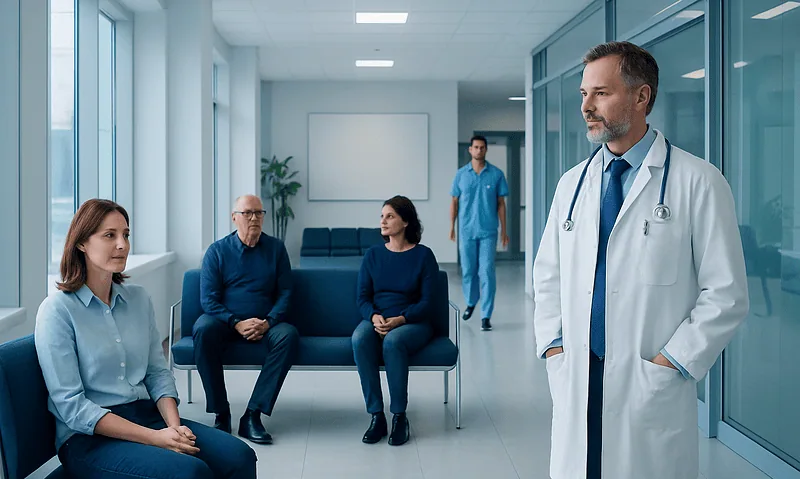 Doctor consulting patients in a modern hospital corridor.
