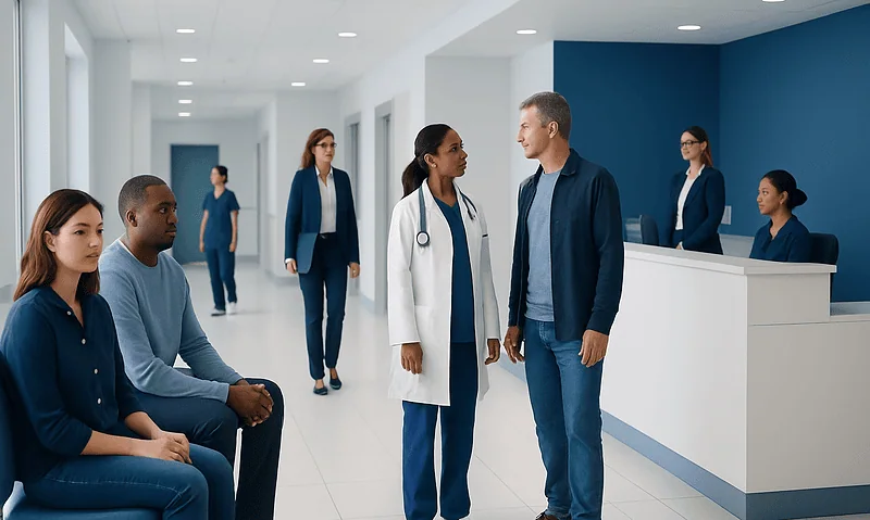 Medical staff and patients in a hospital waiting area.