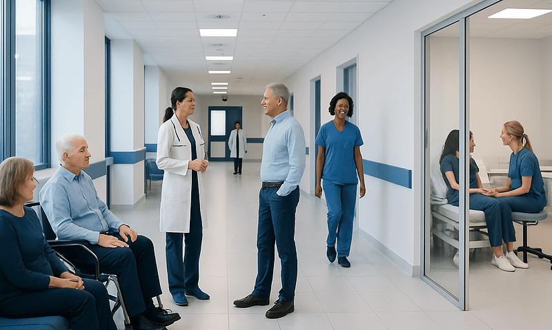 Hospital corridor with doctors and patients engaging in consultation and care.