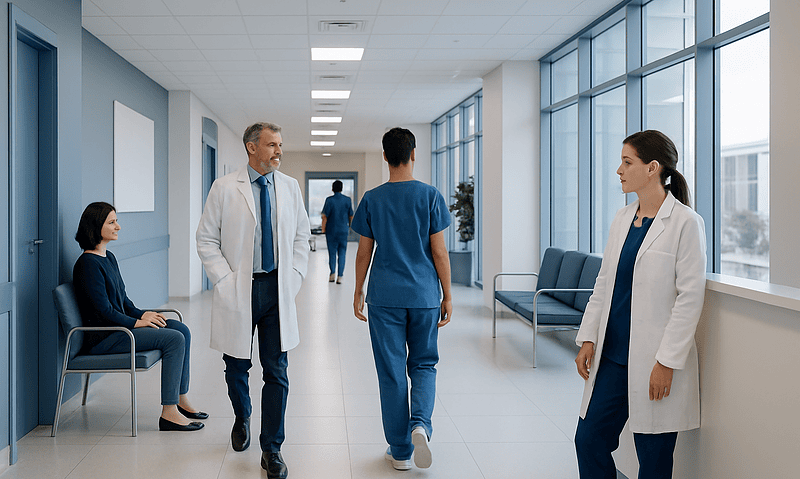 Medical professionals and patient in hospital corridor at Acibadem Hospitals Group.