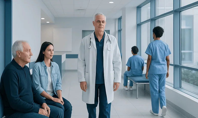 Medical team in a modern hospital corridor with patients and staff.