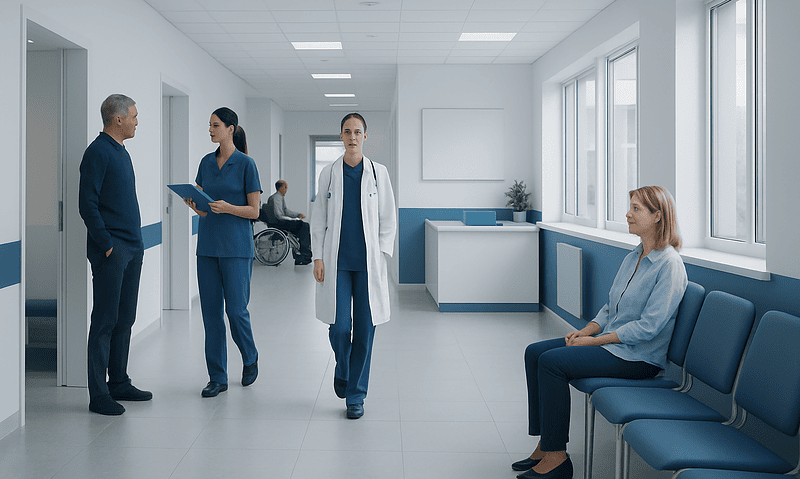 Hospital corridor with medical staff and patient in waiting area.