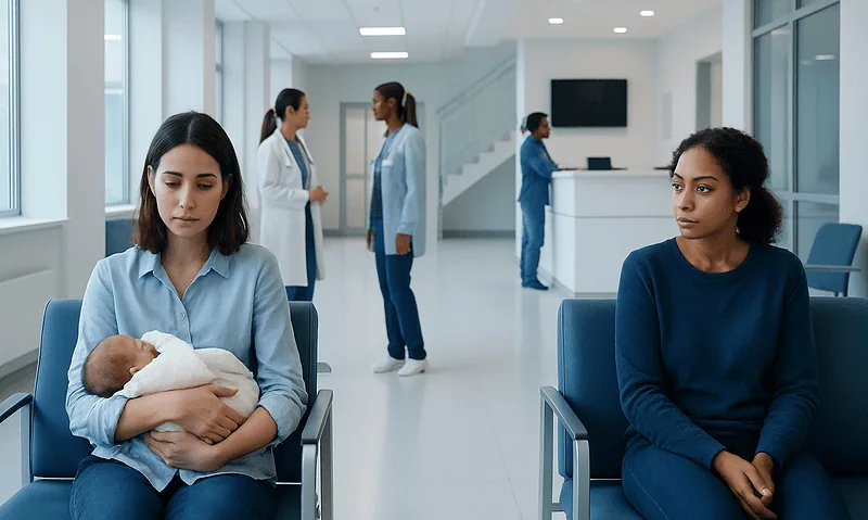 New mothers waiting in hospital for postpartum checkups.