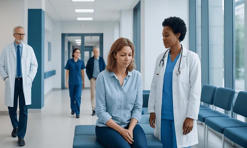 Patient consulting with doctor in hospital corridor.