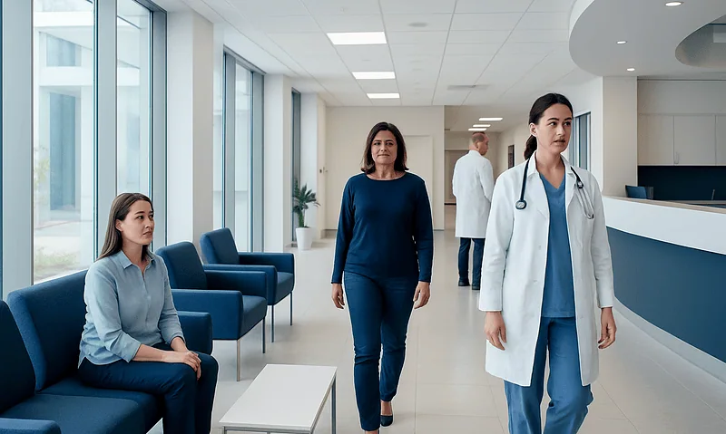 Medical staff and patient in a modern hospital waiting area.