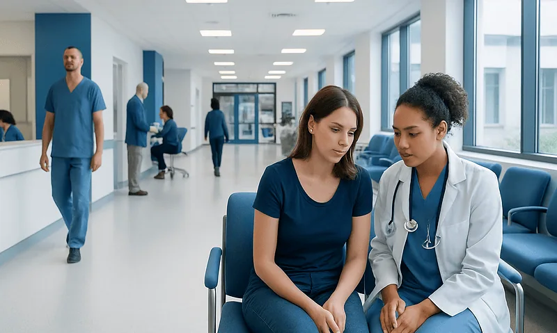 Women discussing health concerns with a doctor in a hospital corridor.
