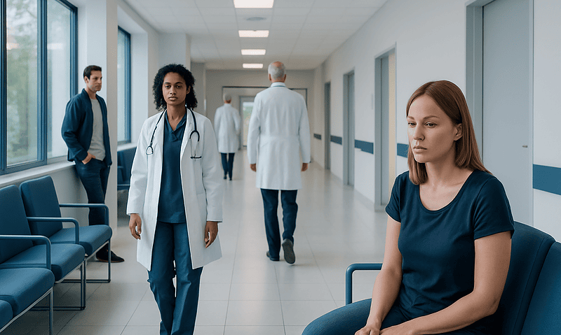 Pain During Sex in Women: Common Causes and How It Is Evaluated 4 Patient experiencing discomfort in a hospital corridor with medical staff nearby.