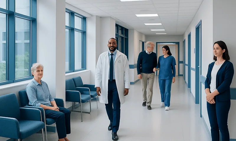 Postmenopausal Bleeding: Causes, Tests, and Why It Should Be Checked 6 Healthcare professionals and patient in a hospital corridor.