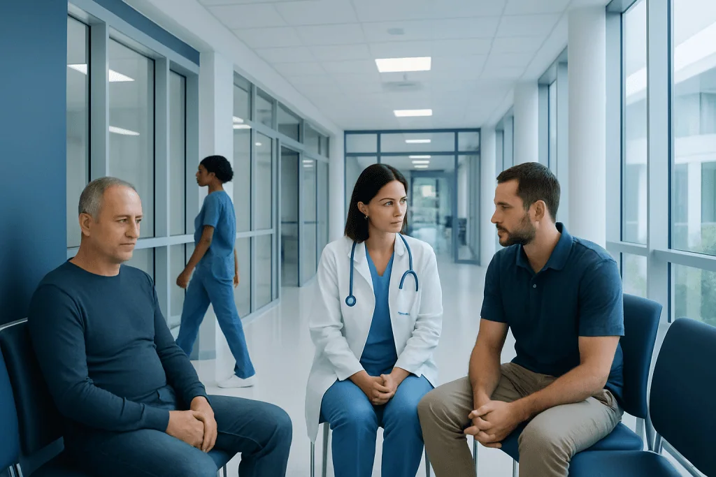 Ibogaine Treatment for Addiction: Claimed Benefits, Risks, and Safety Concerns 1 Medical consultation at Acibadem Hospital with doctor and patients in waiting area.