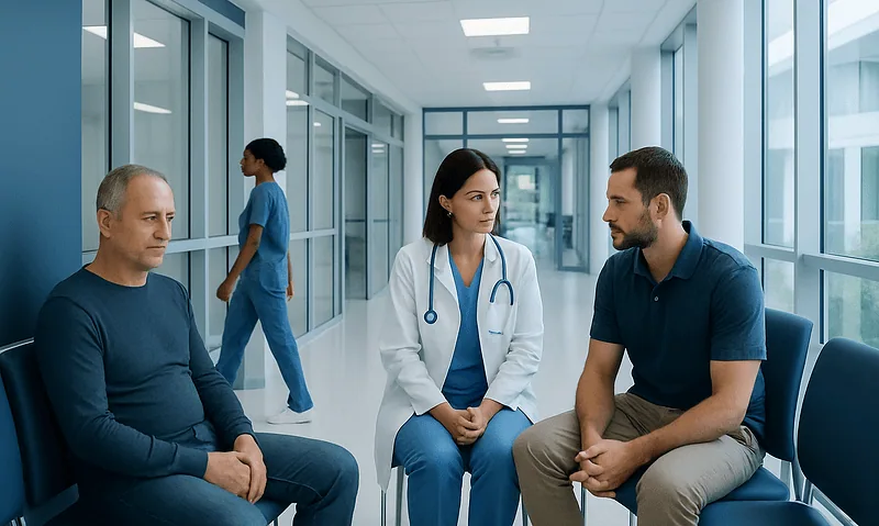 Medical consultation at Acibadem Hospital with doctor and patients in waiting area.