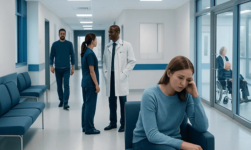 Young woman appears distressed in a hospital corridor with medical staff nearby.