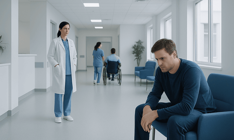 Patient waiting in hospital corridor with medical staff nearby.