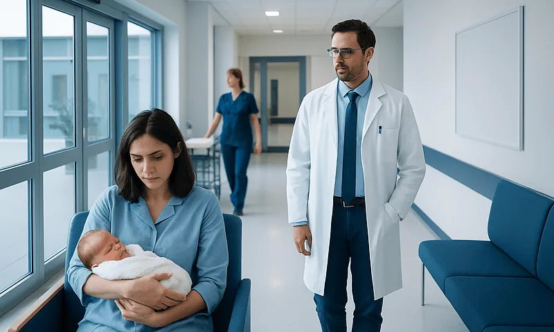 New mother with newborn in hospital, doctor nearby, hospital corridor setting.