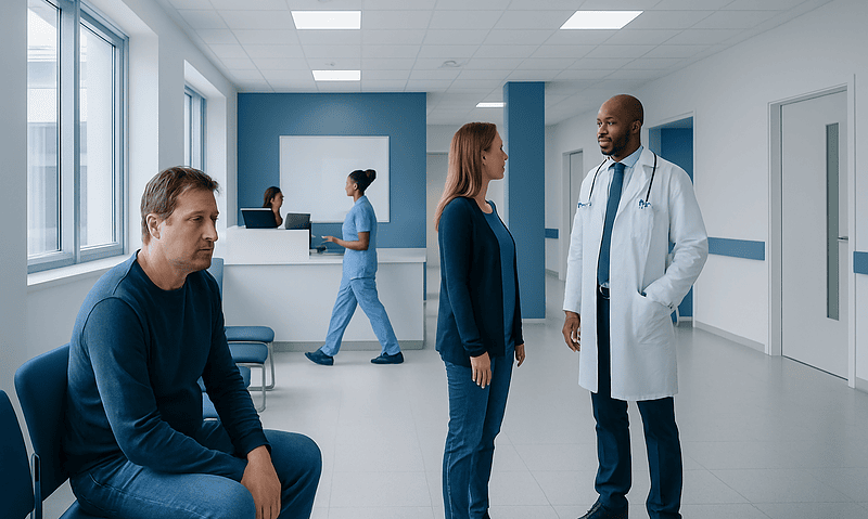 Doctor consulting with a patient in a hospital corridor.