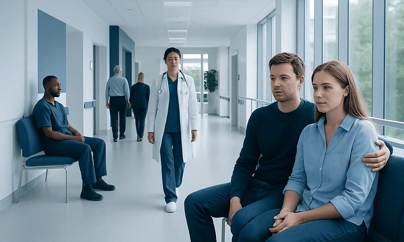 Hospital corridor with medical staff and patients in a modern healthcare facility.
