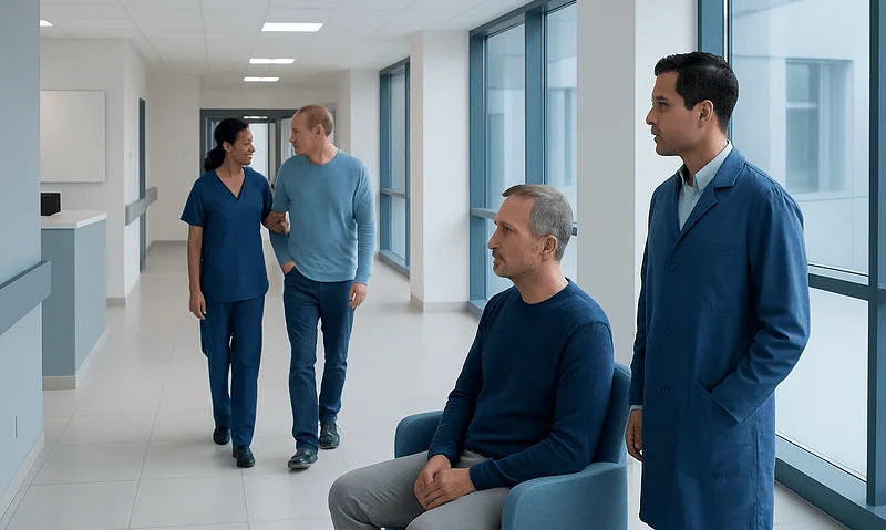 Patients and healthcare professionals in a hospital corridor.