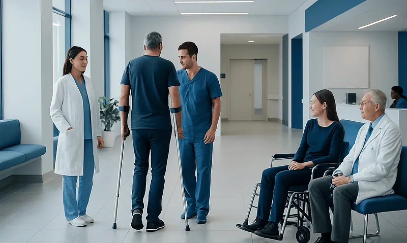 Patient with crutches talking to medical staff in hospital corridor.