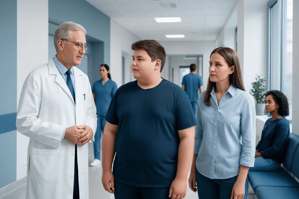 Bariatric Surgery for Adolescents: When Is It Considered? 1 Doctor consulting with an overweight boy in a hospital corridor.