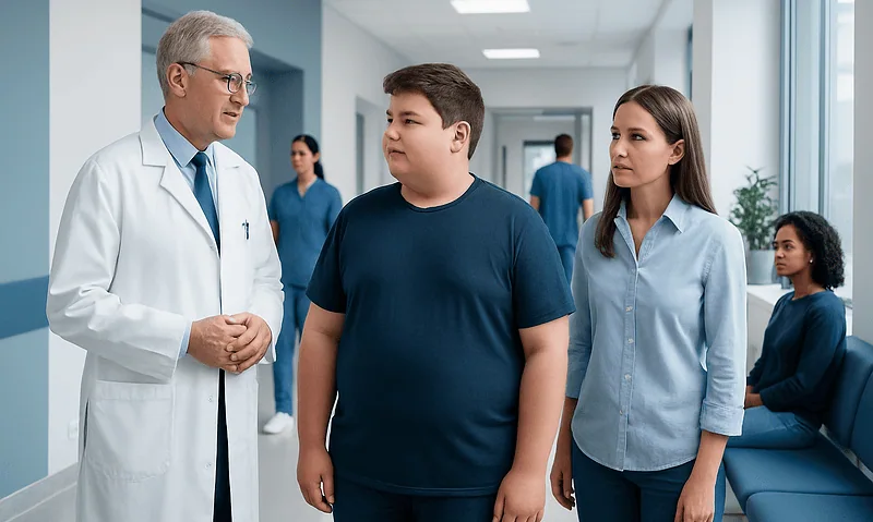 Doctor consulting with an overweight boy in a hospital corridor.