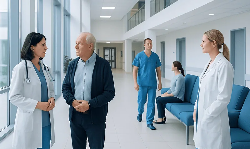 Coronary Bypass Surgery vs Medical Therapy: When Medicines Are Not Enough 3 Medical team consulting with patient in hospital corridor.
