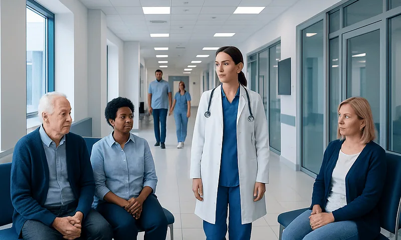 Doctor consulting elderly patients in hospital corridor.