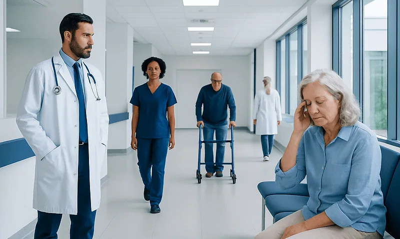 Patient experiencing headache in hospital corridor with medical staff nearby.