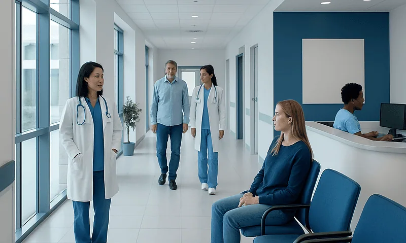 Medical team consulting in hospital corridor with patient waiting area.